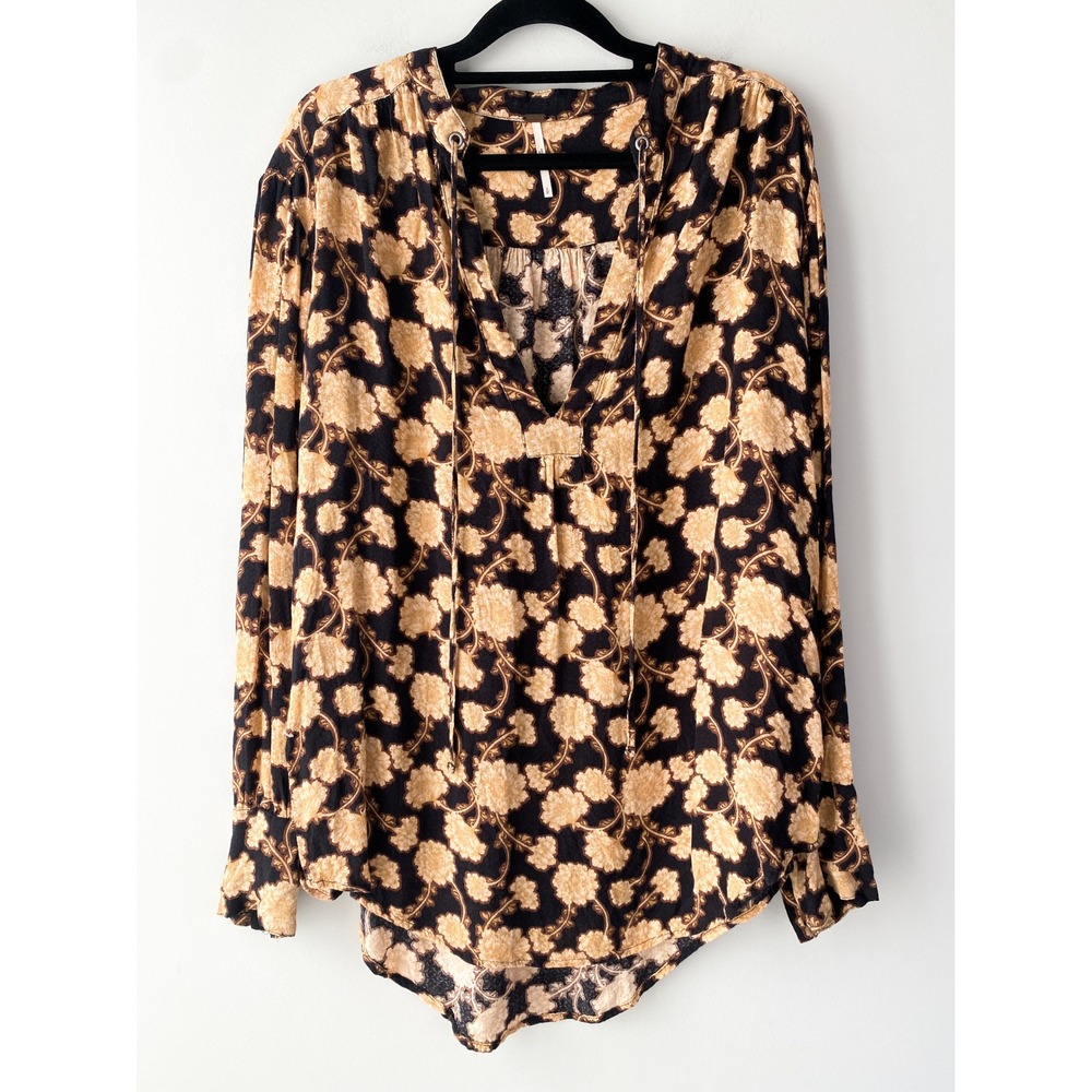 Free People Mia Floral Tunic Top S Peasant Black Brown Boho Festival Oversized - Picture 3 of 13